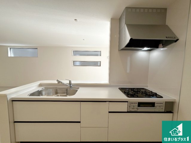 堺市南区槇塚台　第6期　新築一戸建てのキッチン|リビングと統一感があり、使い勝手のいいキッチン。広々としているので、二人並んで作業が出来ちゃいます。お子様と一緒に色々なお料理に挑戦できるスペースがあります。
