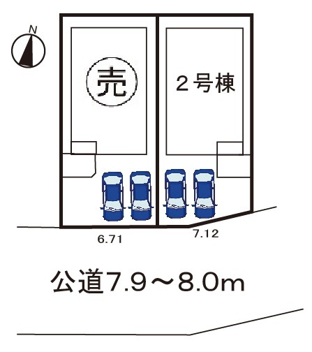 小牧市大字本庄字郷浦　新築戸建　2号棟の区画図|駐車場並列２台可。前面道路広々。