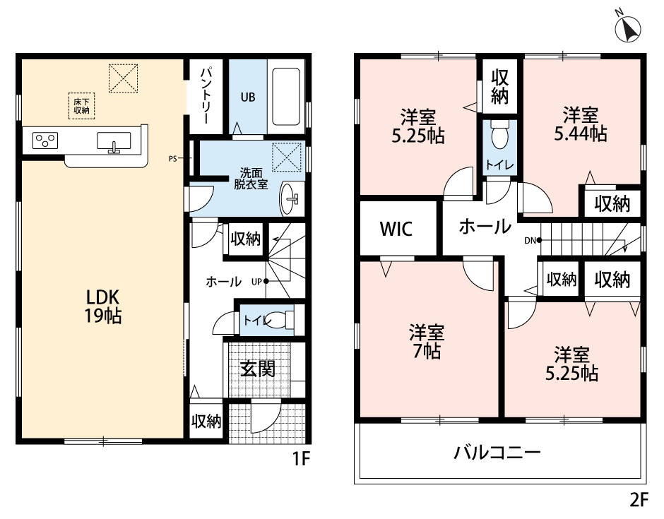 小牧市間々本町　新築戸建　2号棟の間取り|広々ＬＤＫ１９帖。キッチンにパントリーあり。