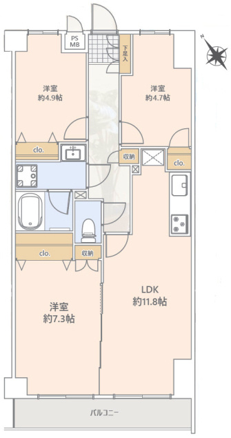 シャロンパーク多摩・永山の間取り|3LDK、価格3490万円、専有面積64.4m²、バルコニー面積5.15m²