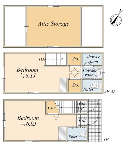 建物面積42.11㎡、3階建（1階：約6.0帖・2階：約6.1帖＋3階収納スペース）