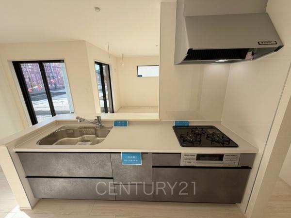 太田第14下田島町 3号棟のキッチン|シンクも大きく洗い物もしやすい浄水器付。シャワーヘッドは引き出し可能、シンクの隅々まで洗い流せます。