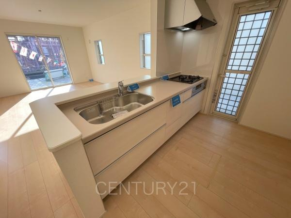 太田第14下田島町 2号棟のキッチン|シンクも大きく洗い物もしやすい浄水器付。シャワーヘッドは引き出し可能、シンクの隅々まで洗い流せます。