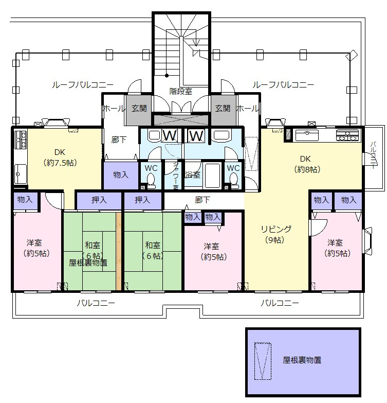 パークタウン五領第6団地5階の間取り|６ＬＤＫ（３ＬＤＫ+２ＤＫ）の大型間取り
キッチンやトイレ、玄関が２つあるので２世帯住宅としても可能です