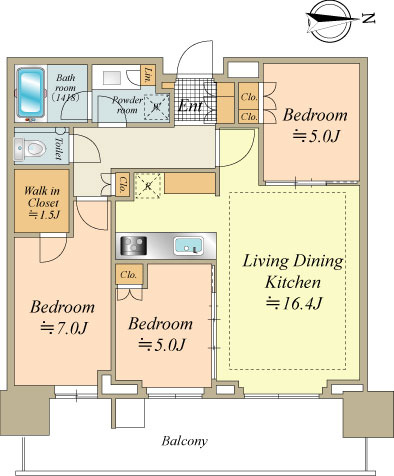 50階建て 16階部分 東向き 3LDK　74.12㎡のお部屋です。