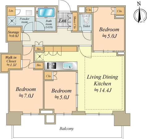 50階建て7階部分 74.33㎡　南向き 3LDKのお部屋です。