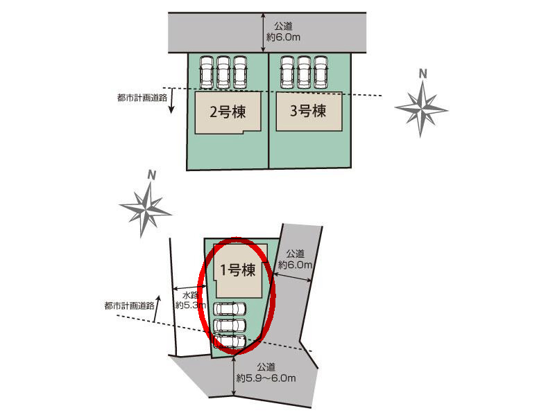 ブルーミングガーデン前橋市後家町３棟　1号棟　の区画図|駐車場3台以上ご用意しています！
並列駐車なので、車の出し入れもしやすいですよ！
