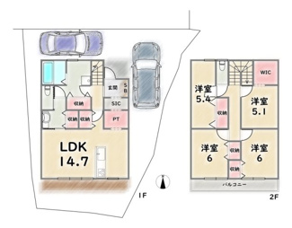 【土地図＋建物プラン例】 | 右京区太秦奥殿町　建築条件つき | 建築プラン例：建物価格2200万円、建延106.65平米