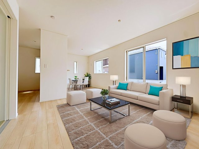新築戸建・建売　郡山市富久山町福原第20　CRADLE GARDEN　全10棟の居間・リビング|※写真は実際のお部屋にCGで家具をつけたホームステージングです。実際には付いていきませんのでご注意ください。