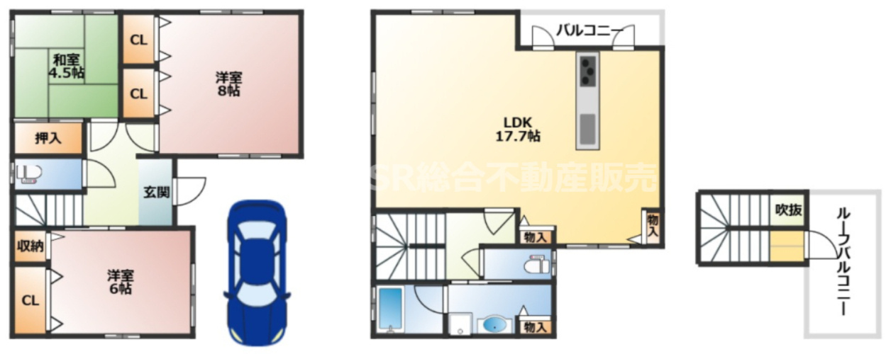 太平寺2丁目中古戸建の間取り|全居室収納有♪リビング広々17.7帖！2Fに水回りが集約され家事同線もバッチリです☆