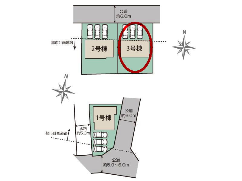 ブルーミングガーデン前橋市後家町３棟　3号棟　の区画図|駐車場3台以上ご用意しています！
並列駐車なので、車の出し入れもしやすいですよ！
