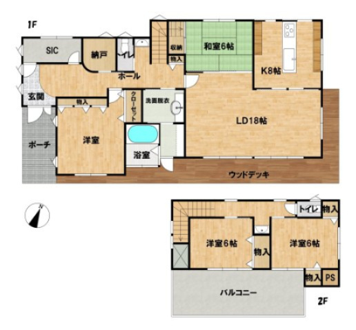 中古戸建　高崎市高浜町の間取り|ウッドデッキを望むリビングでゆったりとした時間を過ごせそうです。2階の広々バルコニーも、洋室それぞれから出入りが可能です。