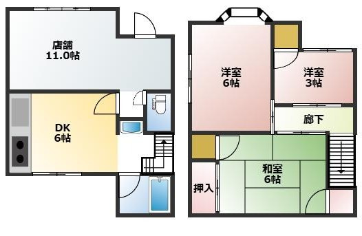 長船町服部店舗付き住居の間取り