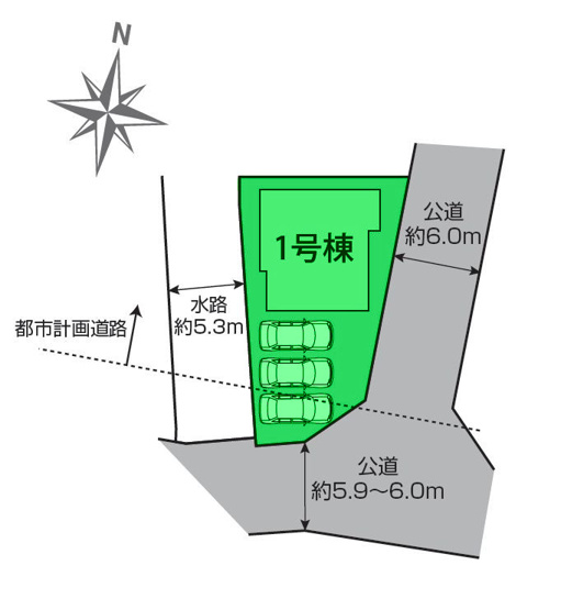 【区画図】 | ブルーミングガーデン前橋市後家町3棟ー① | 開放的な南東向き角地に面した1棟！
カースペースは並列3台駐車可能！