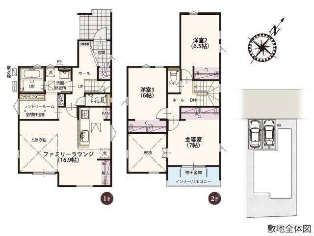 【間取り】 | 吹抜けのあるLDKは開放感と上部からの採光で部屋がより明るくなる空間です!洗面所に隣接したランドリールームは洗った洗濯物を干したり、カウンターで畳んで収納までできます♪