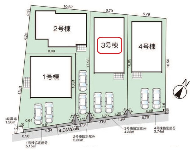 入間市野田・全4棟　新築一戸建　3号棟　～収納スペース豊富～の区画図|【全4棟・3号棟】カースペース並列2台。