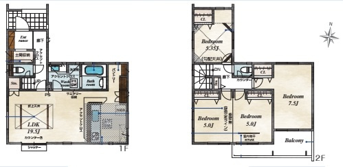 上尾市小泉6丁目　新築一戸建て　ブルーミングガーデン　01の間取り|上尾市小泉6丁目　新築一戸建て　ブルーミングガーデン　01、3LDK、土地面積136.67m2、建物面積103.44m2