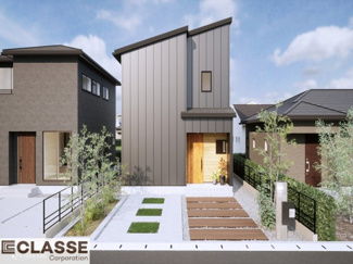 【外観パース】 | 城陽市富野南清水　売土地　建築条件付き | 参考プランになりますので、お客様のお好みの外観を一緒に作らせていただきます。外壁には、メンテナンスが楽な光セラを採用しており、汚れがつきにくく、色あせもしにくいのでおススメです！