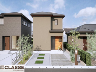 【完成予想図】 | 城陽市富野南清水　売土地　建築条件付き | 参考プランになりますので、お客様のお好みの外観を一緒に作らせていただきます。外壁には、メンテナンスが楽な光セラを採用しており、汚れがつきにくく、色あせもしにくいのでおススメです！