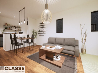 【完成予想図】 | 城陽市富野南清水　売土地　建築条件付き | アトリエスタイルハウス仕様の窓はペアガラス、サッシはアルミ×樹脂複合のハイブリットサッシを採用。ガラスの間には断熱性の高いアルゴンガスを充填しておりますので、より断熱性能が高まる仕様になっております。