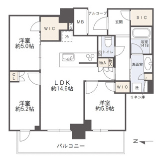 【間取り】 | シエリアタワー大阪堀江 | 【間取り】高層階・3LDKプラン☆WICが2つにSIC付きと収納充実！
