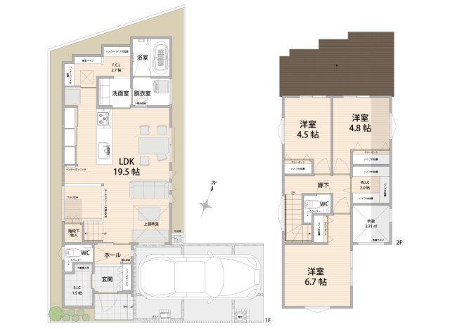【間取り】 | 新座市野寺2丁目　中古一戸建住宅　(丸井志木店) | 【間取図】
3LDK+W.I.C+F.C.L+S.I.C
土地面積：100.64㎡
建物面積：94.15㎡
