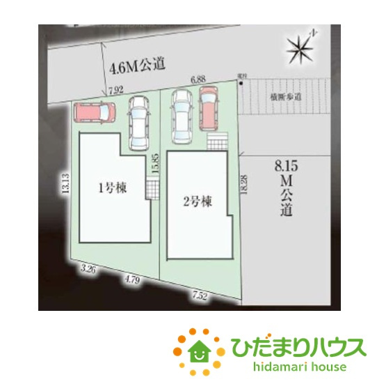野田市山崎７期　新築戸建　2号棟の区画図|北西側4.5ｍ公道、北東側8.1ｍ公道