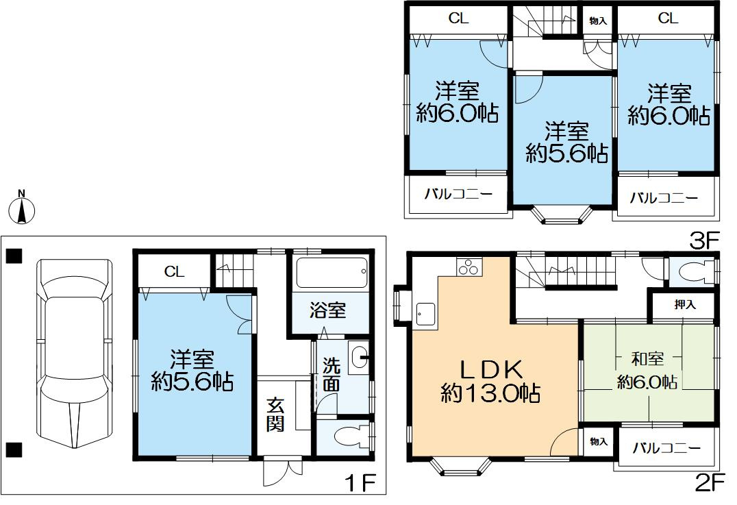 南武庫之荘１丁目　中古戸建の間取り|車庫付き５LDK