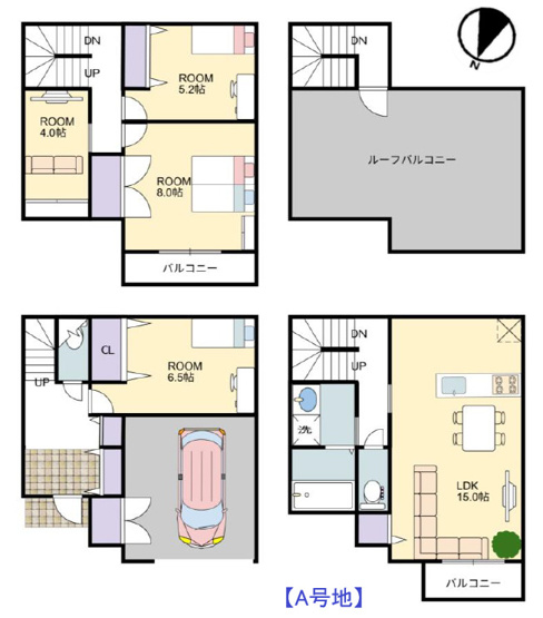 【間取り】 | 東大阪市岩田町1丁目　【A号地】 | 【4LDK＋車庫＋駐輪スペースあり♪】玄関スマートキーで楽々解施錠☆宅配ボックス・浴室乾燥機完備☆2階に水廻り設備集約♪ルーフバルコニー付きです☆
