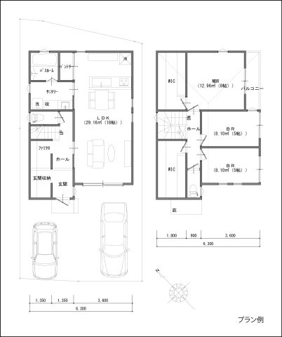 【建築条件付き土地】サン・タウン楠葉丘の土地図＋建物プラン例|C号地（113.17㎡）
 【駐車場３台確保可】
間取り自由度が高く、明るいリビング配置や並列駐車も可能。ファミリー層におすすめ。
