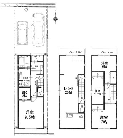 高槻市名神町売土地の参考プラン|【参考プラン図】木造3階建／1階35.64㎡･2階37.26㎡･3階37.26㎡　合計110.16㎡　4LDKタイプ　　建物価格(税込み)2,380万円