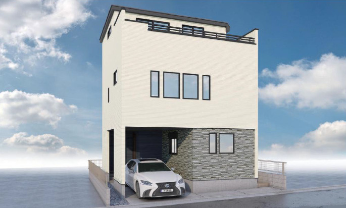 練馬区桜台2丁目　駅近×ZEH水準　車庫付デザイン住宅の外観パース