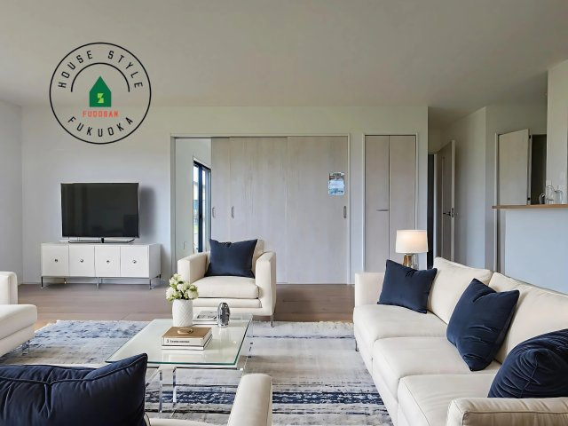 熊本市南区富合町大町第3-2棟（1号棟）　の居間・リビング|キッチンからリビングをしっかり確認できます。家族の笑顔があふれる空間になりそうですね。※家具はCGを合成したものです。