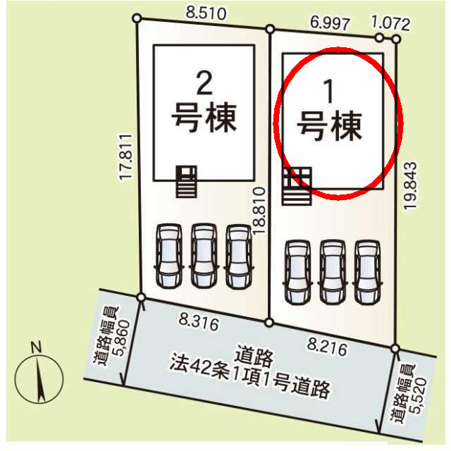 クレイドルガーデン前橋市茂木町第５　１号棟の区画図|駐車場３台ご用意しています！来客時も重宝します♪
並列駐車なので、車の出し入れもしやすいですよ！