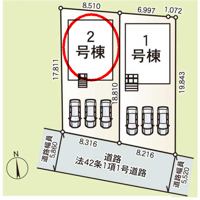 クレイドルガーデン前橋市茂木町第５　２号棟の区画図|駐車場３台ご用意しています！来客時も重宝します♪
並列駐車なので、車の出し入れもしやすいですよ！