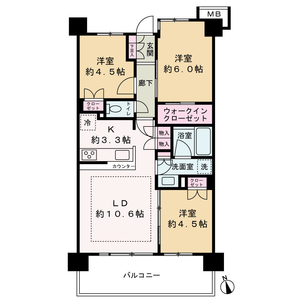 アンビシャス西川口の間取り|キッチン＋LDで約13.9帖のゆとりある空間。
キッチンとリビングダイニングを合わせて約13.9帖。家族が集まる団らんスペースとしてはもちろん、家具の配置もしやすくゆったりとした暮らしを楽しめます。