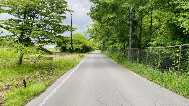 中軽井沢 明るく平坦で拓けた売土地の前面道路含む現地写真