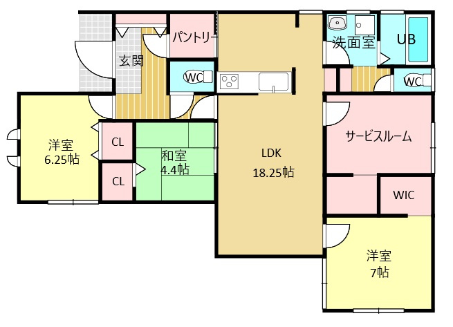 西伊敷7丁目　新築戸建ての間取り|18.25帖の広々LDKや居室とは別にサービスルームなど使い方いろいろな間取りです。