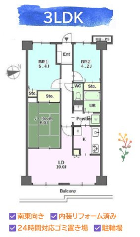 【間取り】 | 南東向きのお住まいで、明るい光が差し込み陽当たり良好な３LDK♪　
24時間対応のゴミ置き場がございます◎