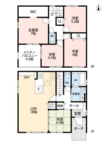 小牧市大字下末　新築戸建　3号棟の間取り|パントリーあり。LDK18帖＋和室4.5帖の続き間でゆとりの空間です。