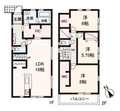 【間取り】 | Livele Garden.S堺市南区槇塚台6期　1号棟 | 2WIC・ファミリーCL・パントリーなど大型収納充実、3LDK新築戸建！カースペース並列2台分有り(車種による)。