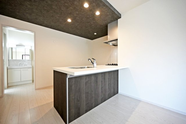 テラシエ下坂部2丁目新築一戸建て全3区画│4LDK+駐車2台可(車種制限有)のキッチン|キッチン上部は折下天井を採用でデザイン性を向上させています。ダウンライトを4基採用し、作業性を確保。