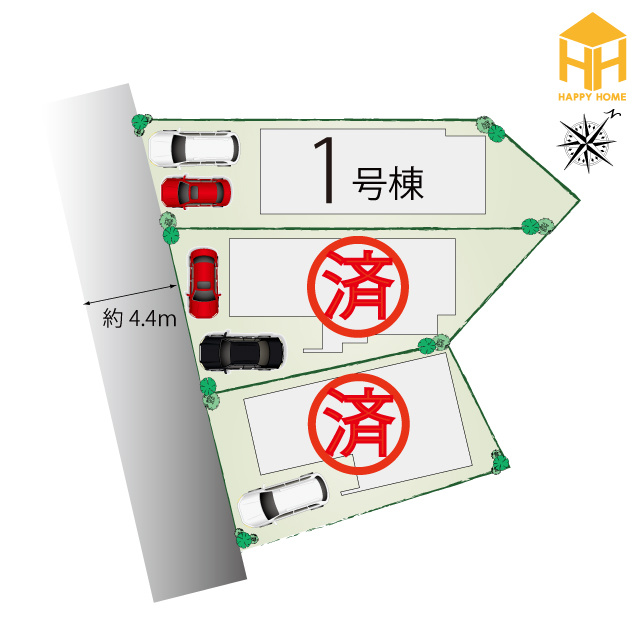 テラシエ下坂部2丁目新築一戸建て全3区画│4LDK+駐車2台可(車種制限有)の区画図|JR神戸線「尼崎」駅徒歩15分の立地◎小学校まで徒歩5分でお子様の通学の際も安心です。
駐車2台の区画有り！(※車種制限有)