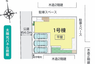 久喜市野久喜3期全1棟の区画図|カースペース並列3台駐車可能なので、車を何台も所持したい方やご親戚やご友人が来た際の駐車スペースとしてもご使用いただけます◎小学校まで徒歩5分、買い物施設も徒歩圏内にあり子育てしやすい住環境です！