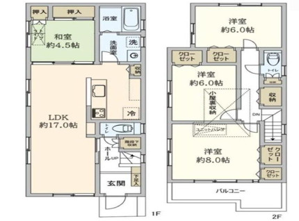 4LDK　二階建て　◆土地面積：142.99㎡ / 延床面積：100.42㎡
