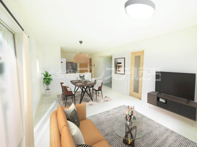 【居間・リビング】 | 奈良市中町の新築一戸建 全２区画 | 現地写真（１号地リビング）ＬＤＫは広々１７帖！南向きですので、陽あたり良好です♪