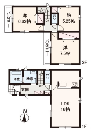 【間取り】 | 堺西区上　新築戸建 | 洋室2部屋にバルコニー付き、2SLDK新築戸建！カースペース並列2台分有(車種による)。