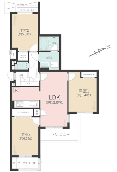 【間取り】 | 本厚木リバーサイドマンション参番館 | 3LDKは、リビングダイニングキッチンと3つの居室がある間取り。ファミリー層に非常に人気の高い間取りで、広々としたリビングで家族団らんを楽しみ、個室でプライベートな時間も確保できるのが大きな魅力です。