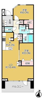 中古マンション　プラウドタワー豊橋の間取り|2LDK+WIC+N　（LDK…リビング・ダイニング・キッチン　WIC…ウォークインクローゼット　N…納戸）