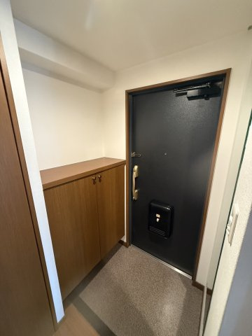 プレサンス京都四条烏丸の玄関|シューズボックス・収納も搭載されている玄関です。お出かけ前のチェックが可能な姿見が設置されています。